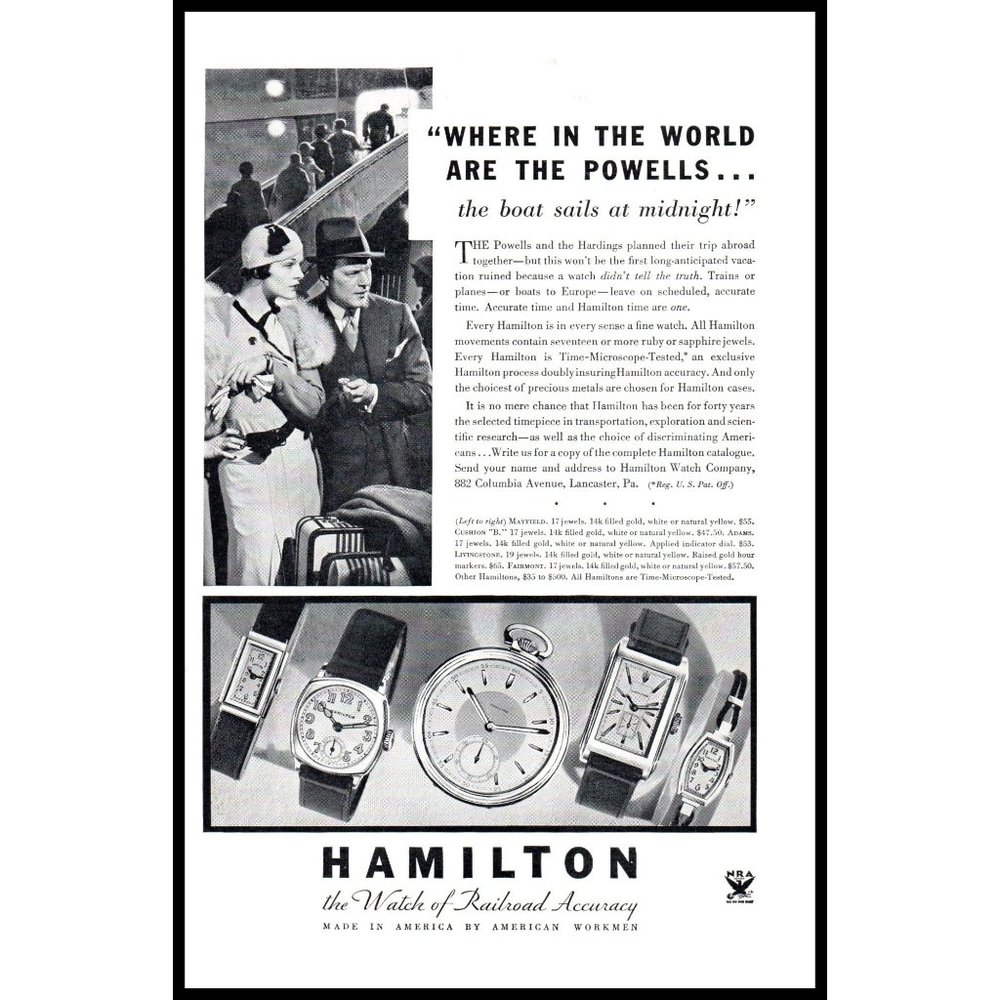 1934 Hamilton Watch Vintage Print Ad Cruise Ship Flapper Dress Wall Art Photo